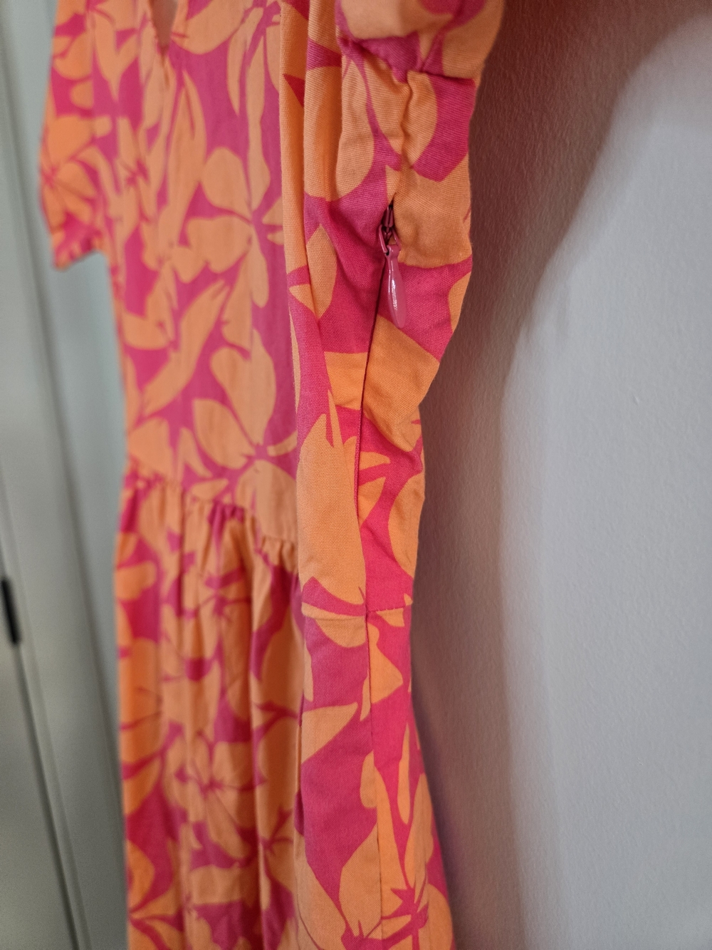 J. Crew pink + orange floral v-neck flowy midi dress, has pockets + side zipper - Picture 4 of 5
